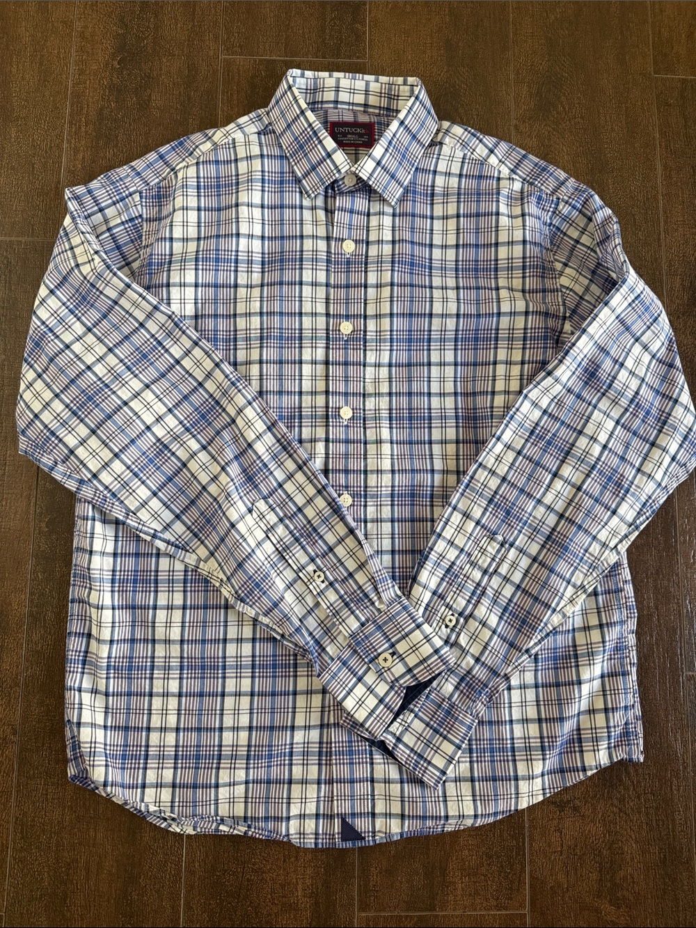 UNTUCKit Men’s White, Blue and Red Plaid Long Sleeve Button-Down Shirt
